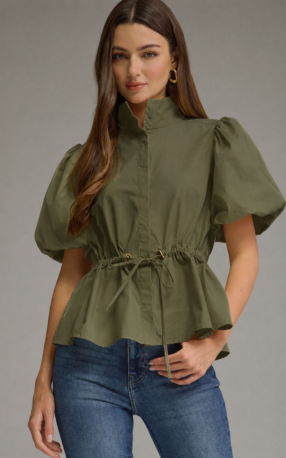 Solid short puff sleeve top OLIVE