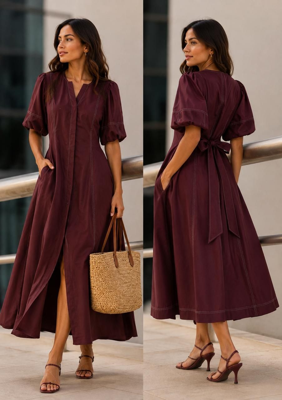 Solid short puff sleeve midi dress