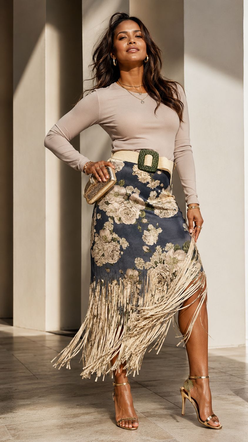FAUX SUEDE SKIRT WITH FRINGE DETAILS