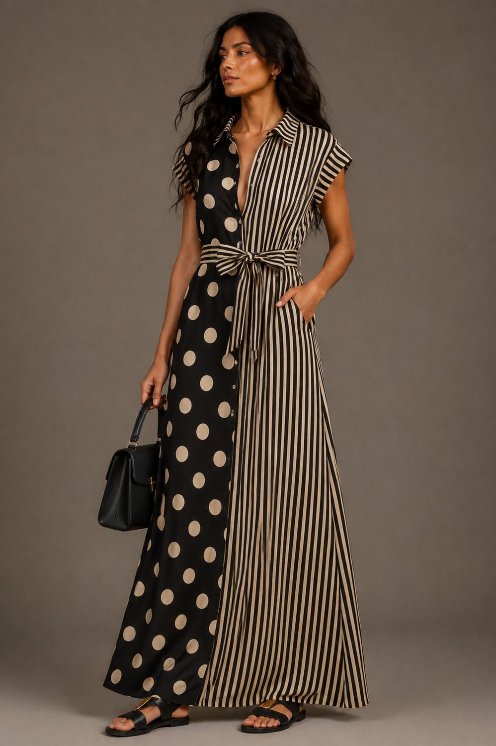 CONTRAST DOT STRIPE SHIRT DRESS