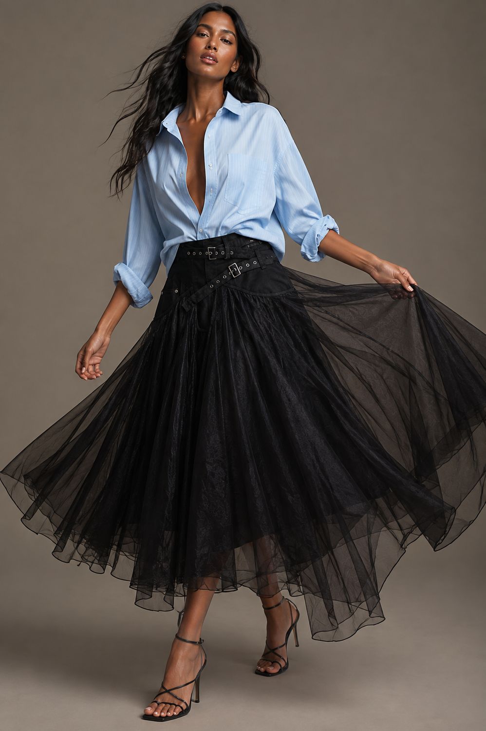 SHEER LAYERED BELTED MAXI SKIrt