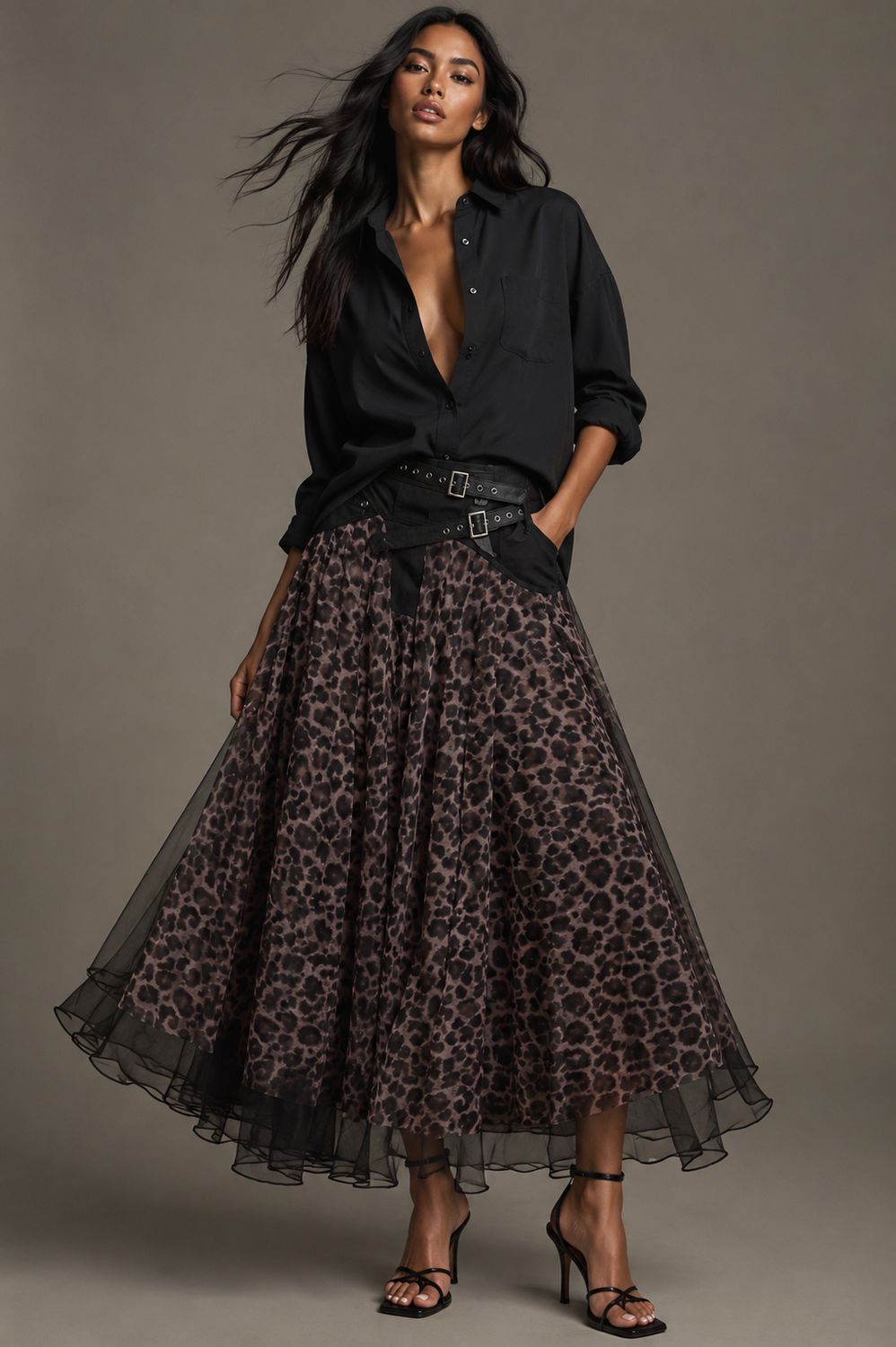 Animal Prit SHEER LAYERED BELTED MAXI SKIrt