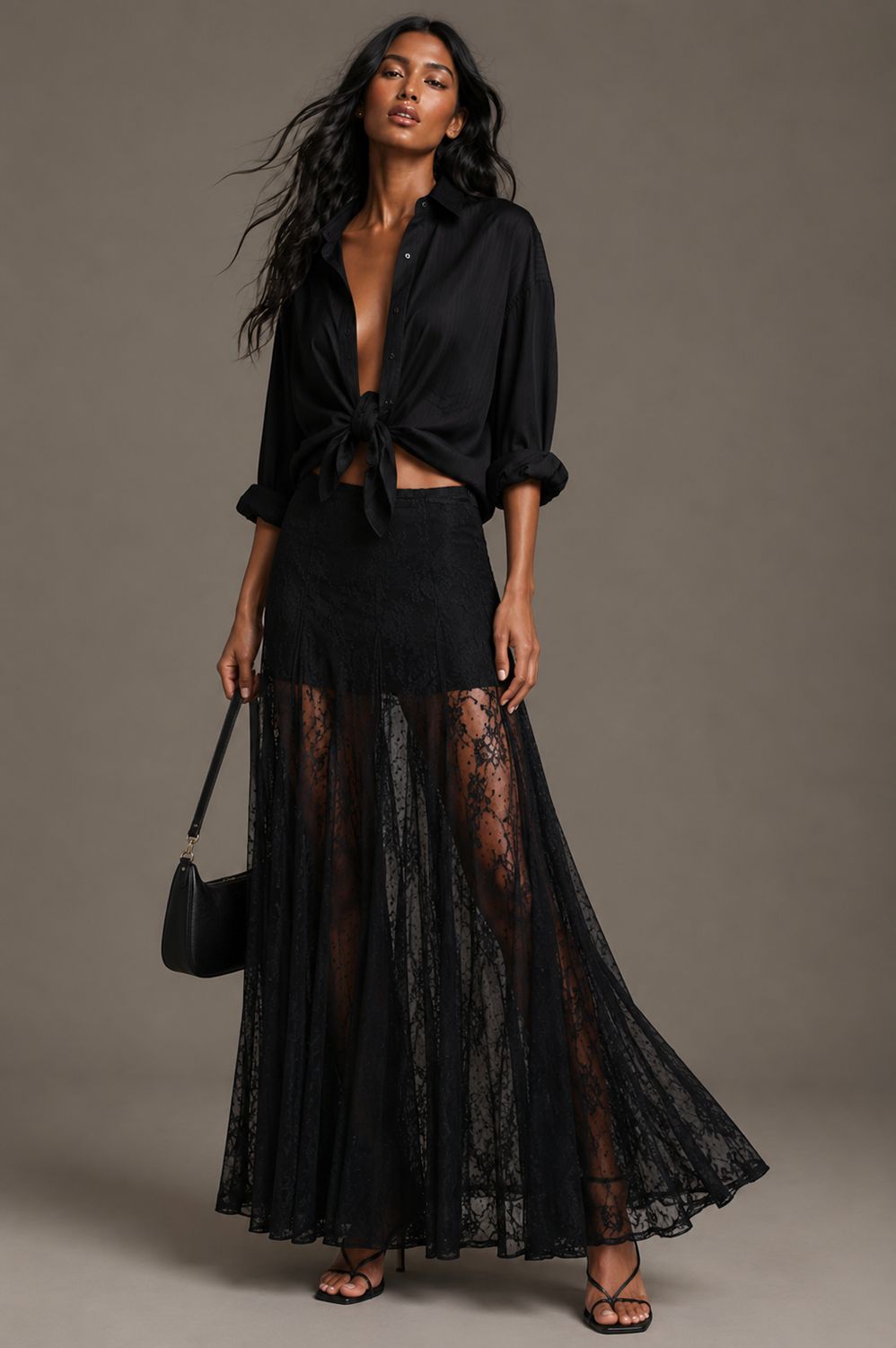 SHEER LACE FRONT SLIT MAXI SKIRT black