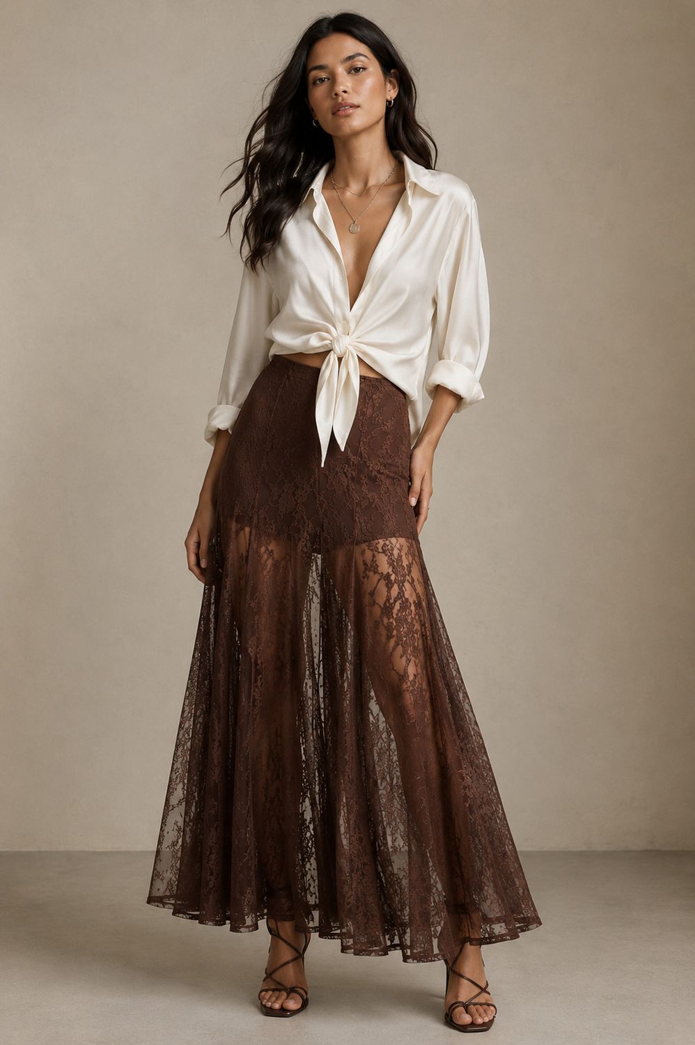 SHEER LACE FRONT SLIT MAXI SKIRT Choco