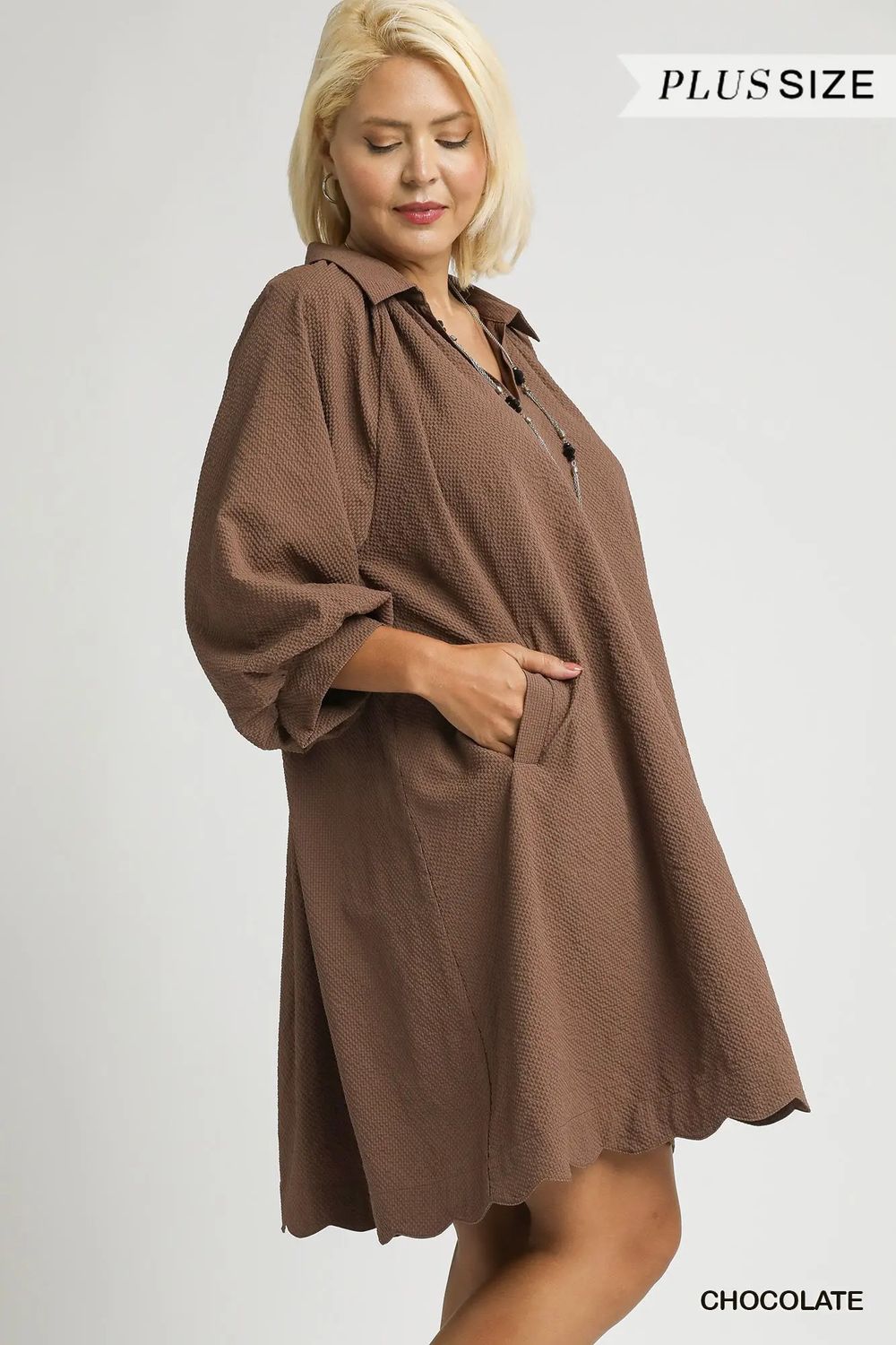 Split V-Neck Dress with Puff Sleeves