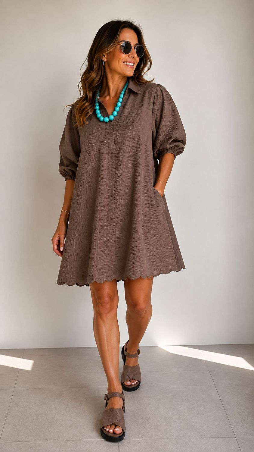 Split V-Neck Dress with Puff Sleeves