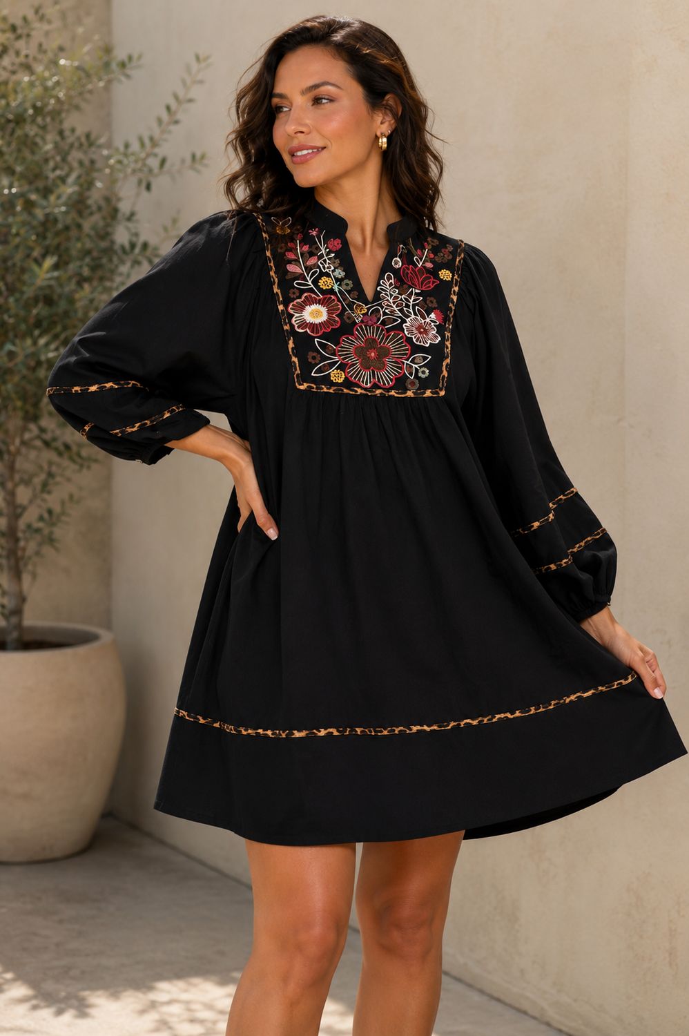 Floral Embroidered Contrast Trim Babydoll Dress