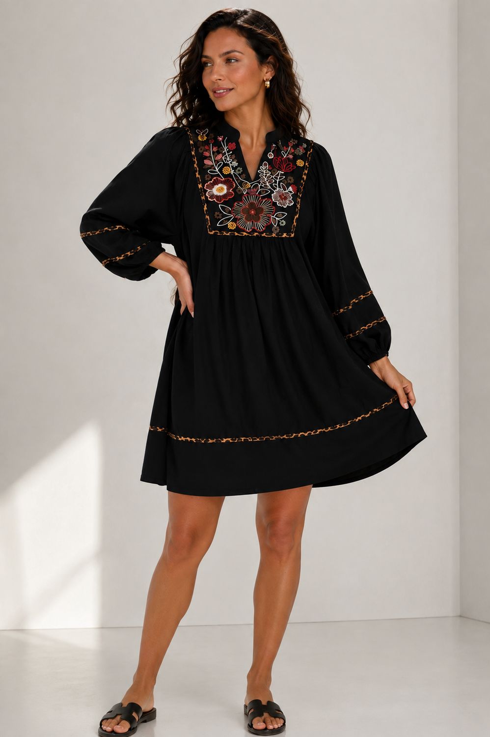 Floral Embroidered Contrast Trim Babydoll Dress