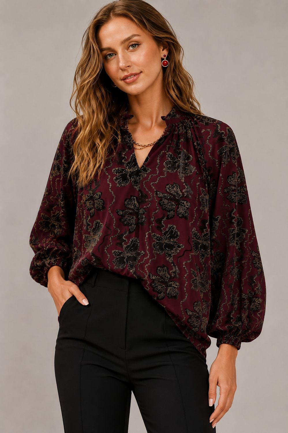 Metallic Velvet Floral Textured Split Neck Blouse