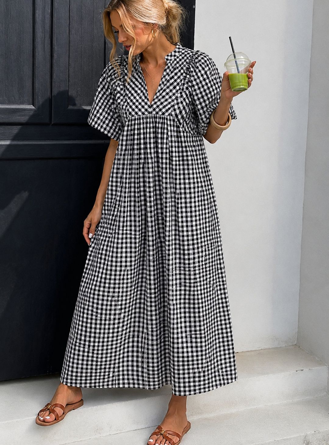 Puff Sleeve Plaid Midi Dress