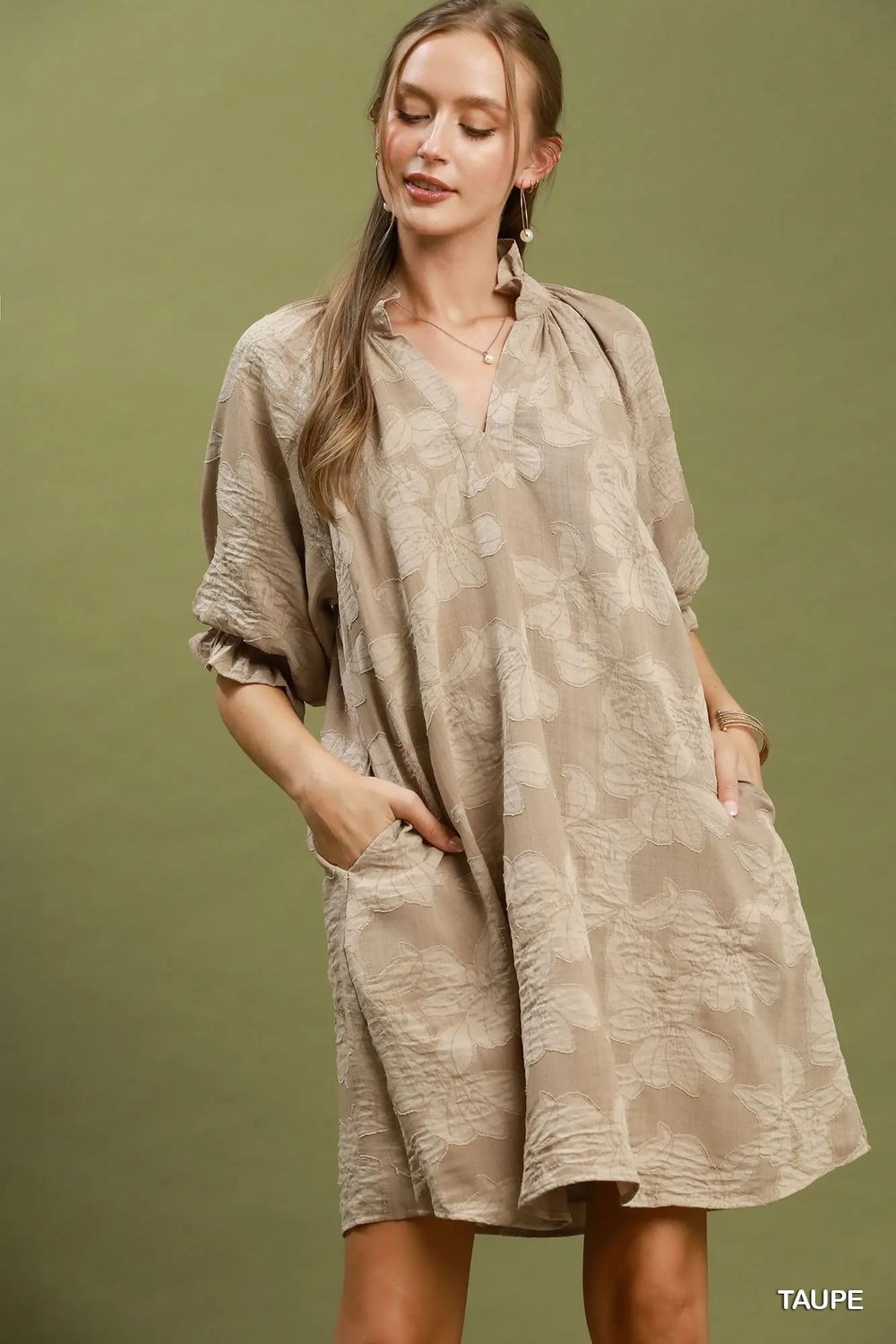 Floral Textured Jacqaurd V-Neck Dress