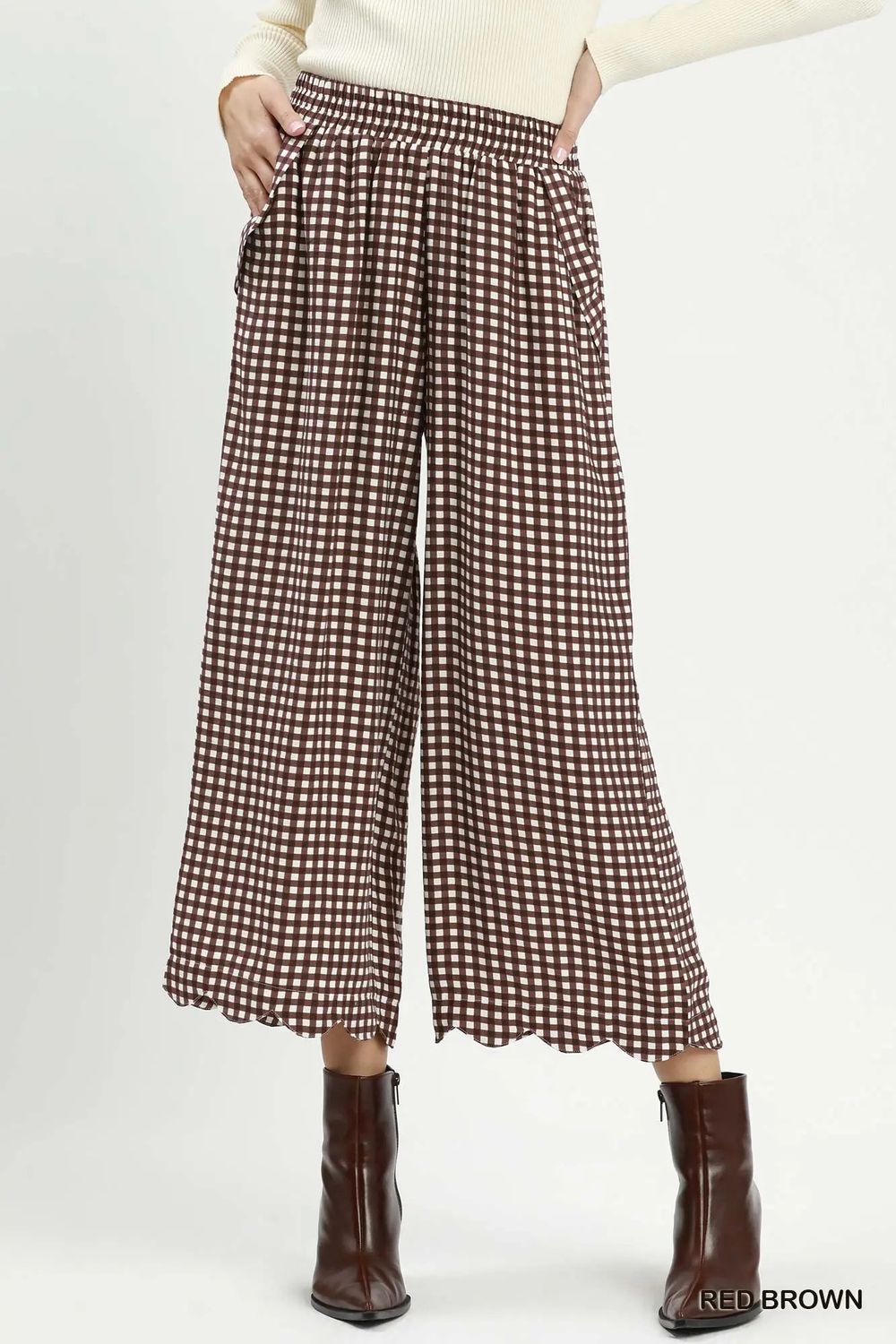 Gingham Wide Leg Scallop Hem Crop Pants