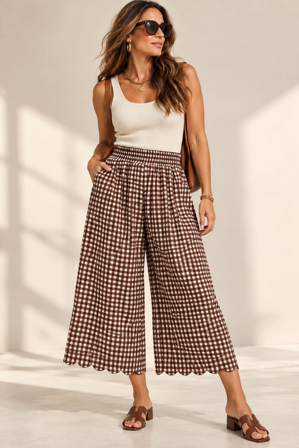 Gingham Wide Leg Scallop Hem Crop Pants