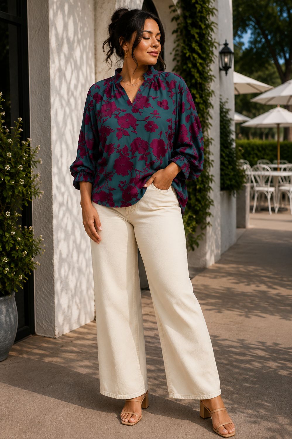 Textured Floral Balloon Sleeve Blouse