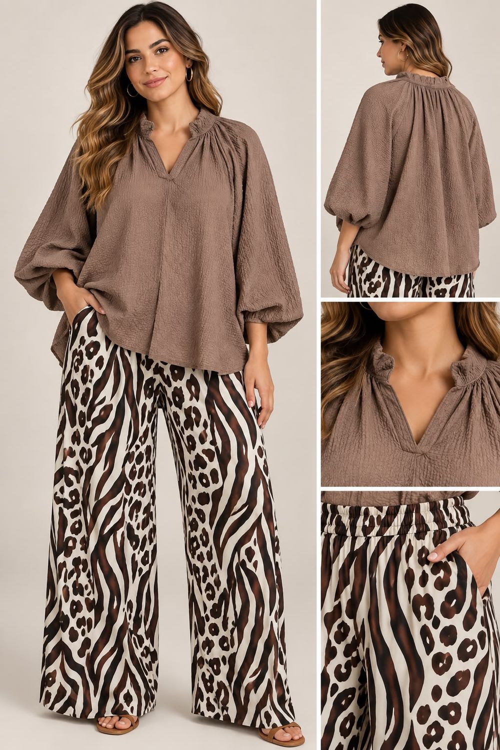 Mixed Animal Print Wide Leg Pants