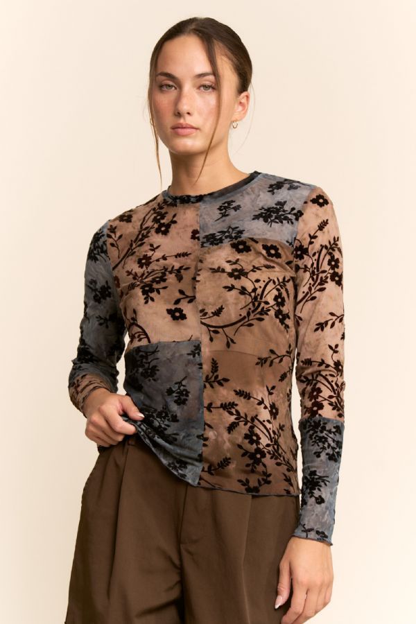 Floral Flocked Patchwork Mesh Top Floral Flocked Patchwork Mesh Top
