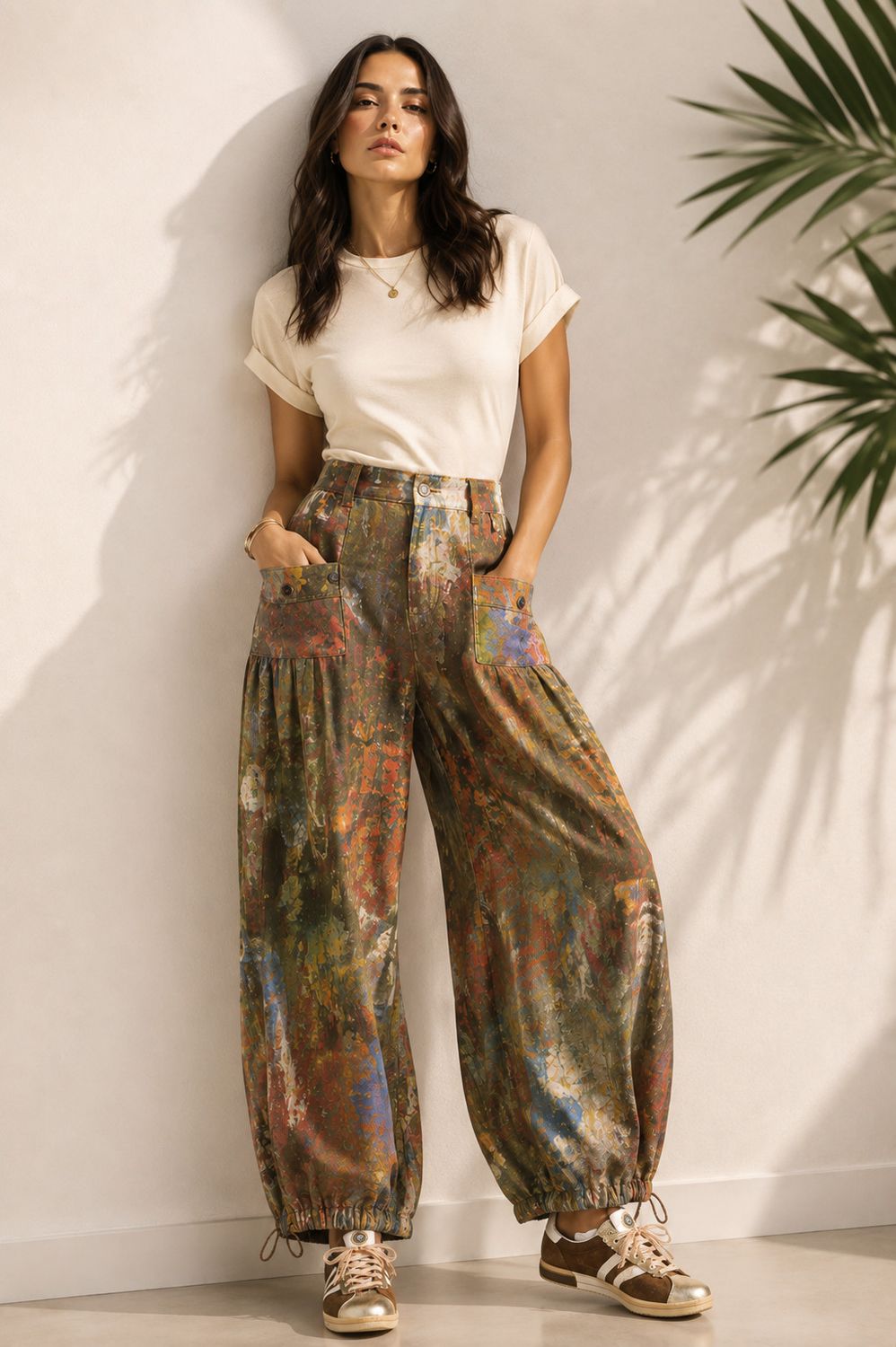 Painted Canvas  Denim Wide-Leg Pants