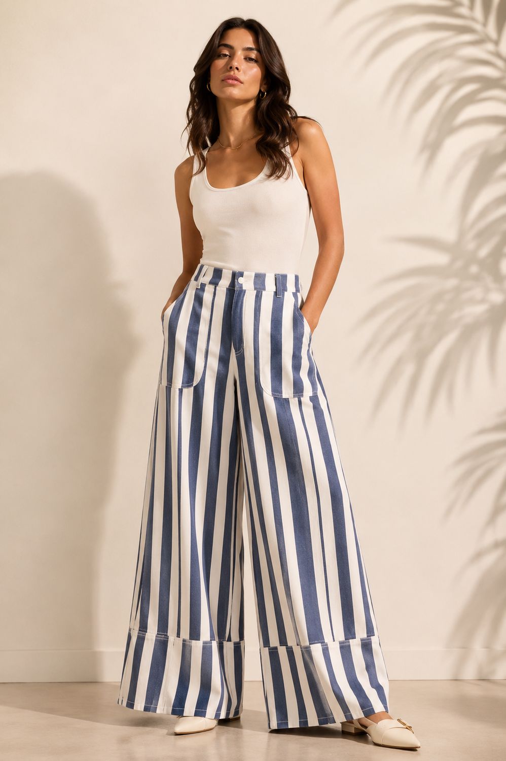 Striped Cuffed Wide Leg Pants