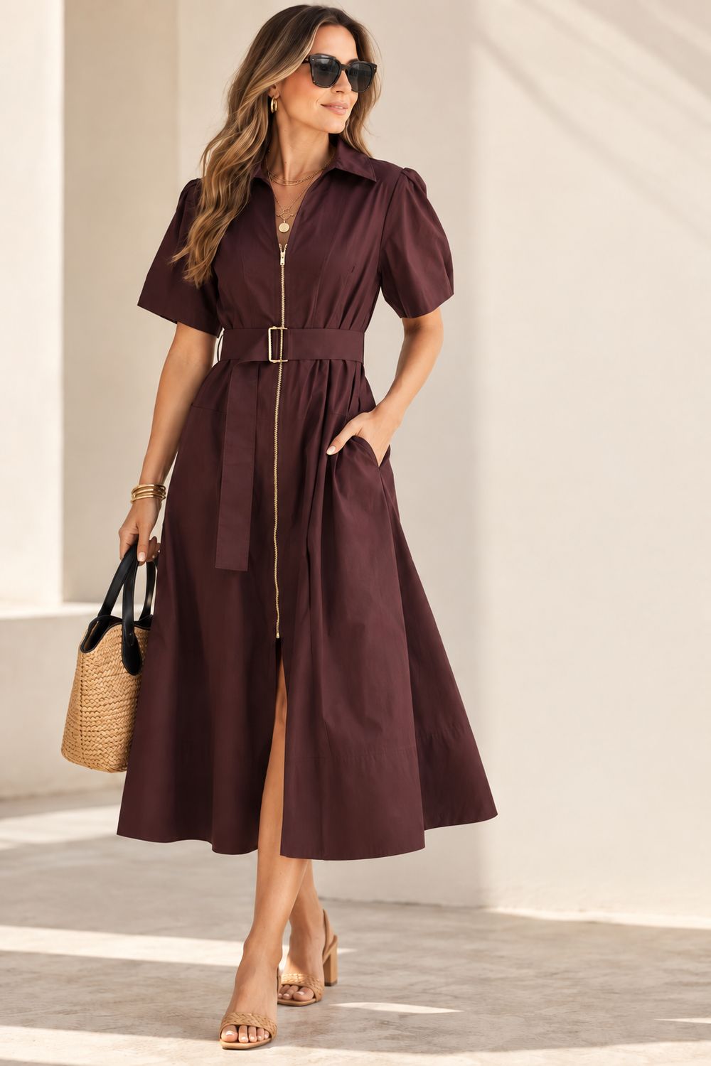 Solid short sleeve midi dress