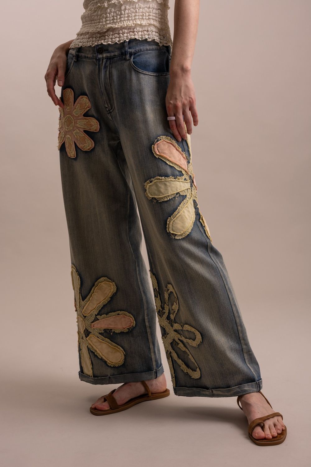 Flower Patchwork Wide Leg Denim Pants