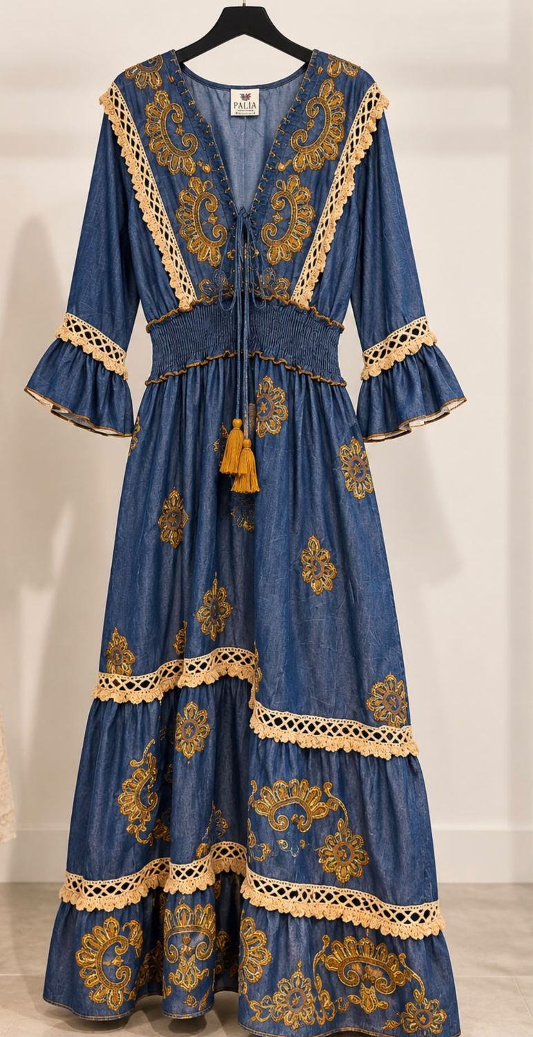 Boho Embroidered Denim Maxi Dress