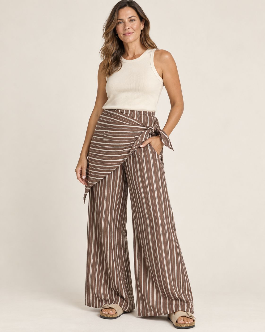 Stripe wide leg pants with a wrap scarf