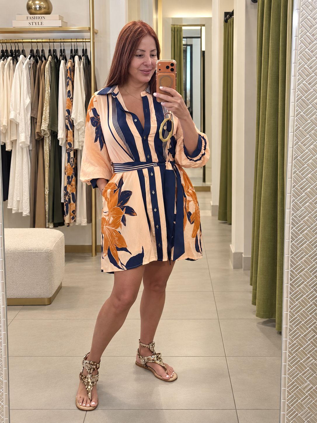 Printed long balloon sleeve mini dress