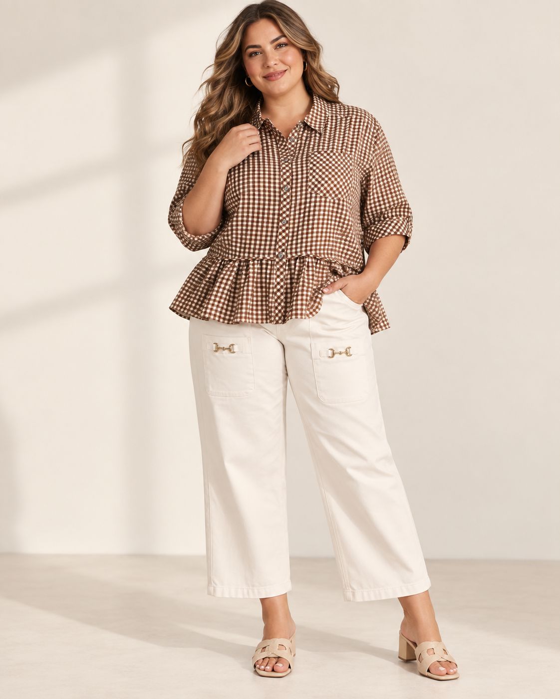 Gingham collared elbow sleeve top