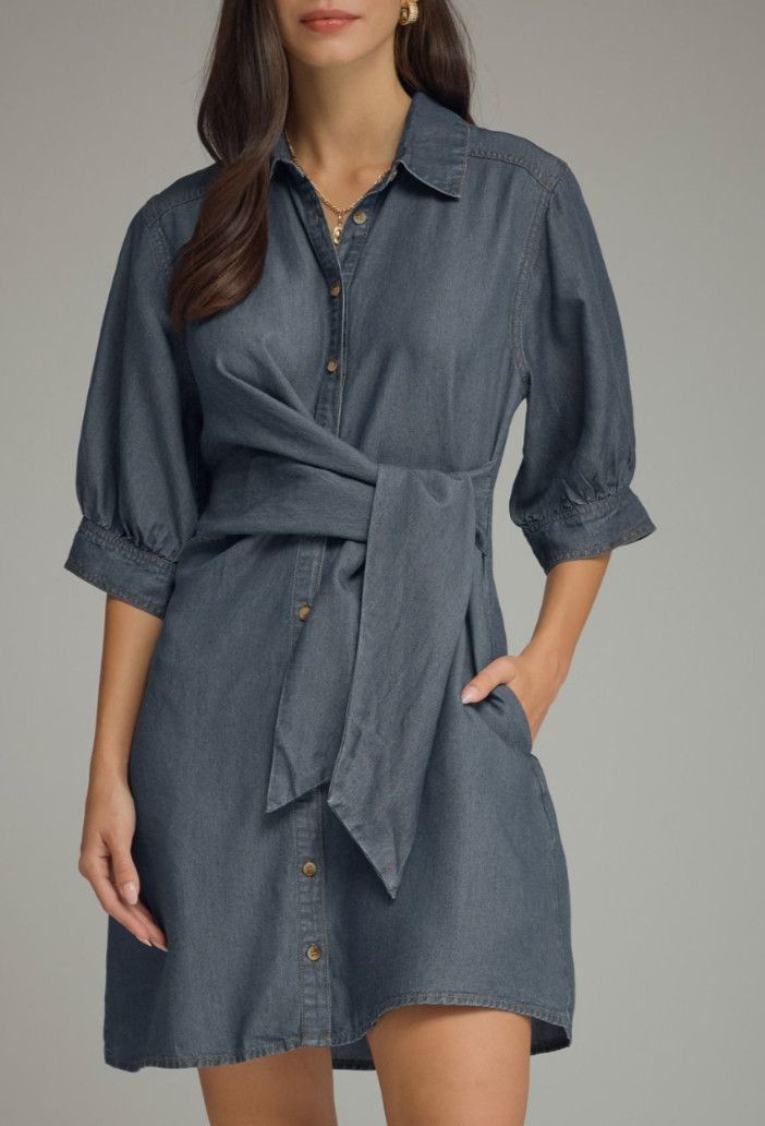 Solid ¾ sleeve denim mini dress