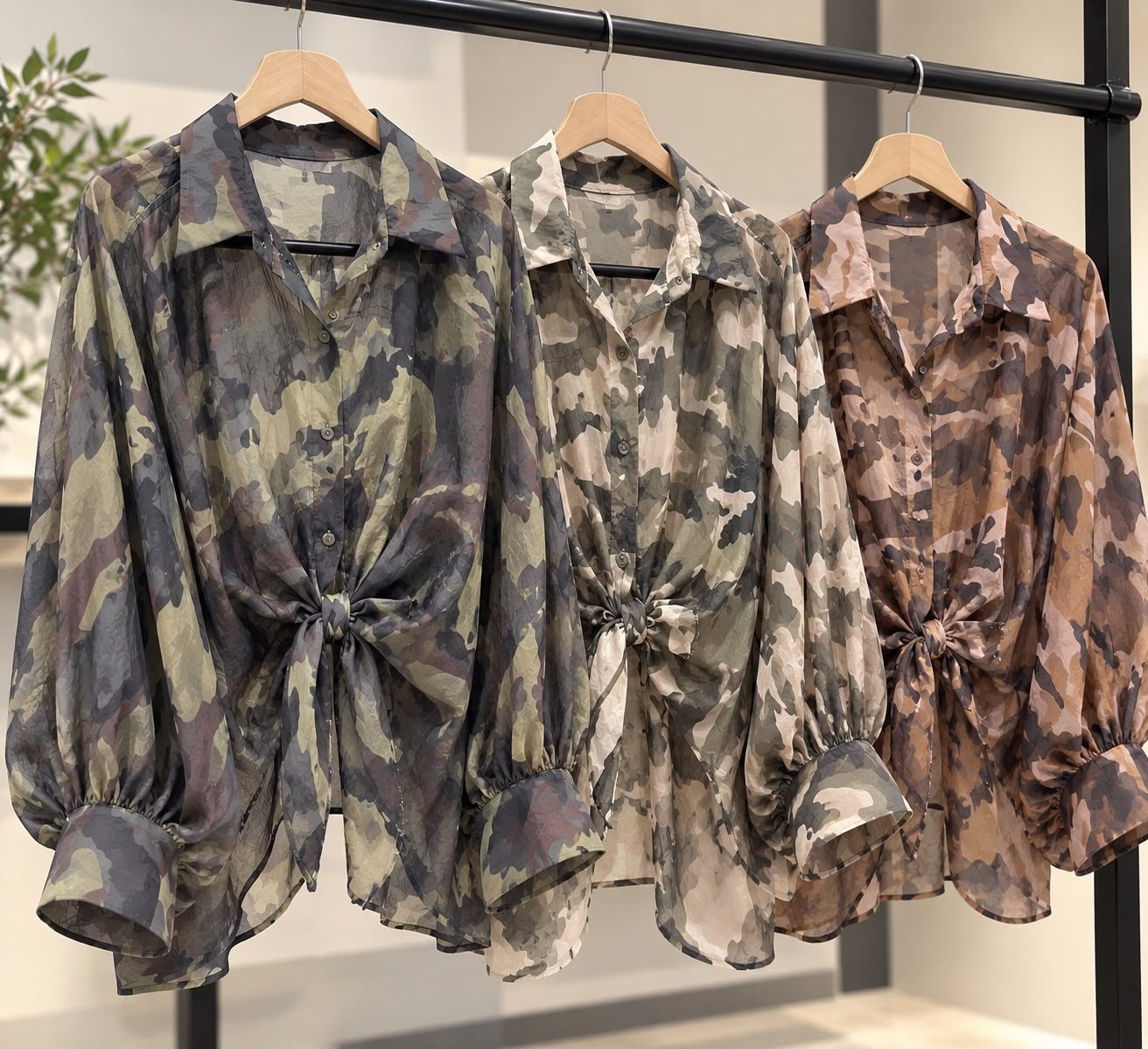 Camo Silk Tie Blouse