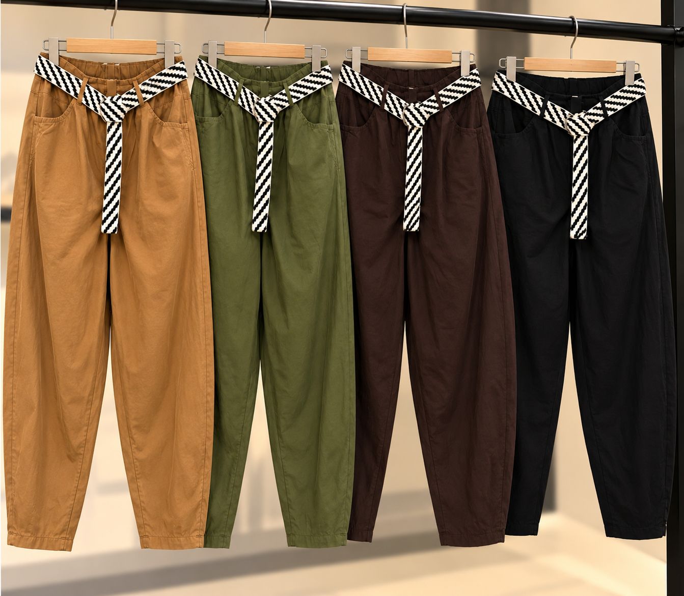 Stretch Belted Barrel Pants