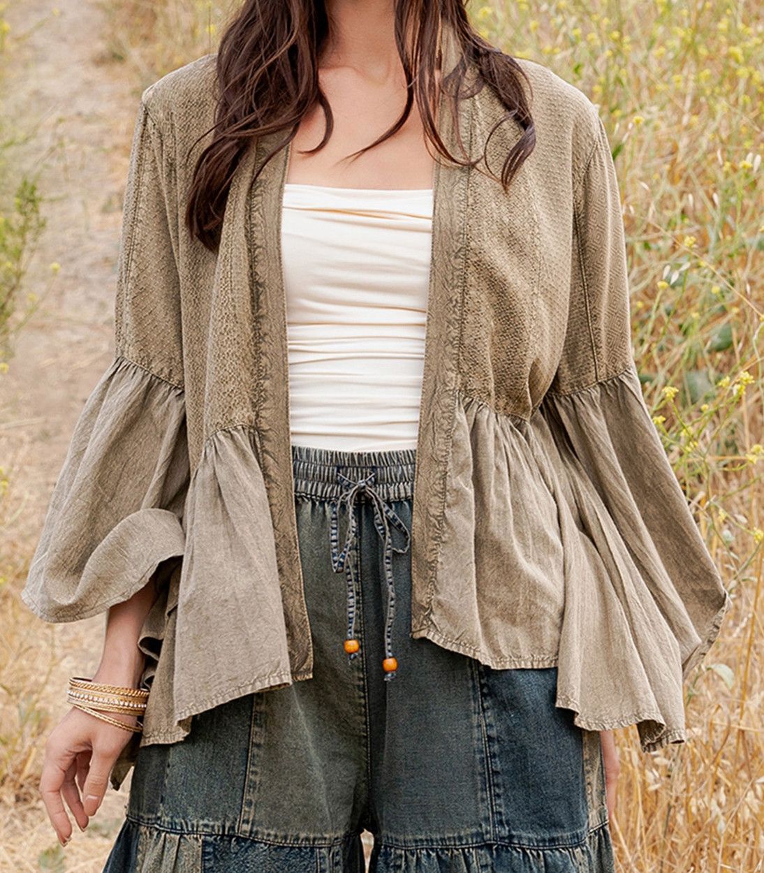 Elegant Kimono-Inspired Open Front Frill Shrug