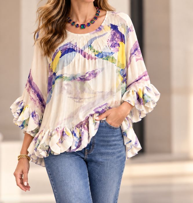 Print Floral Pleated Top LILA