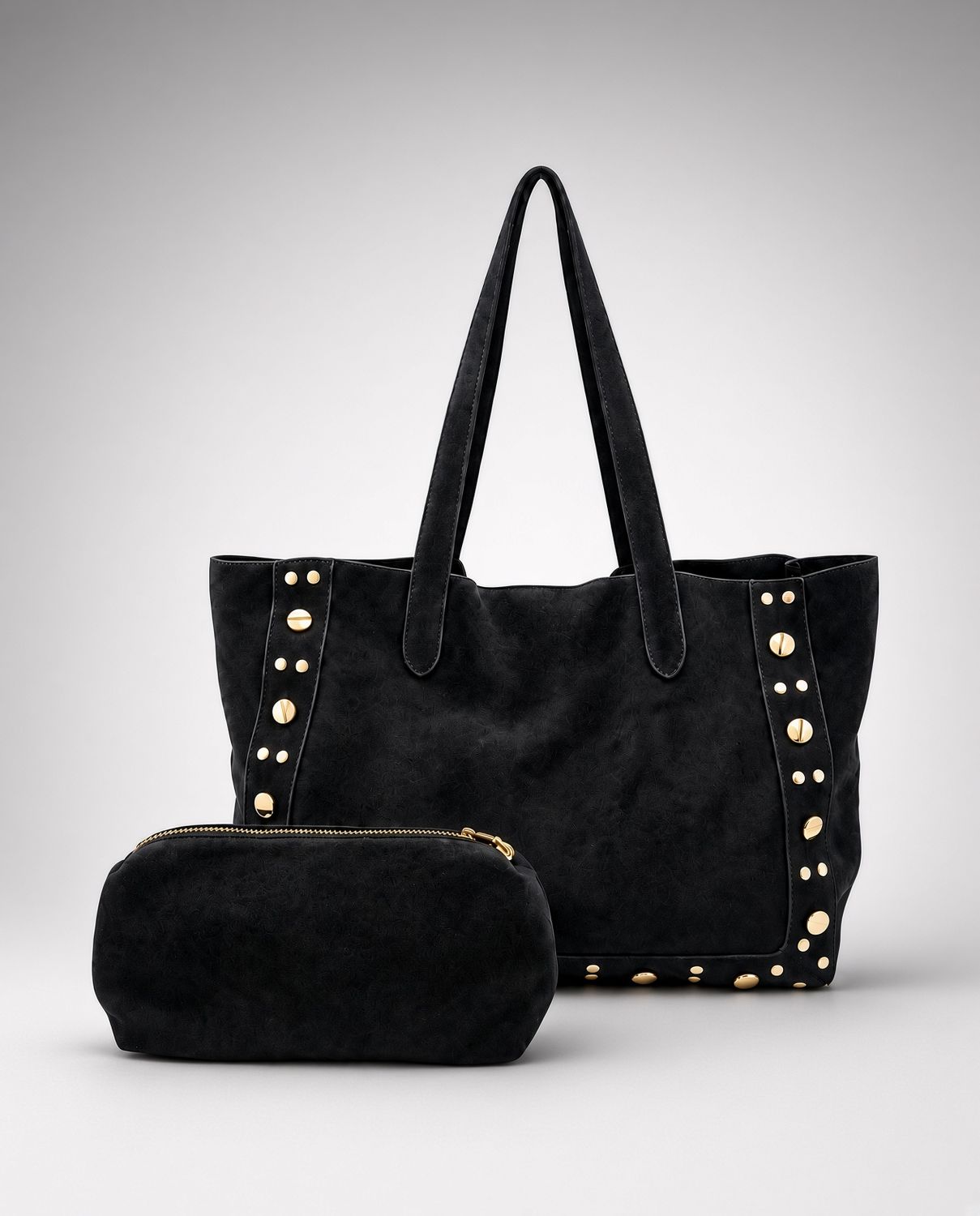 Faux Suede Studded Tote Black