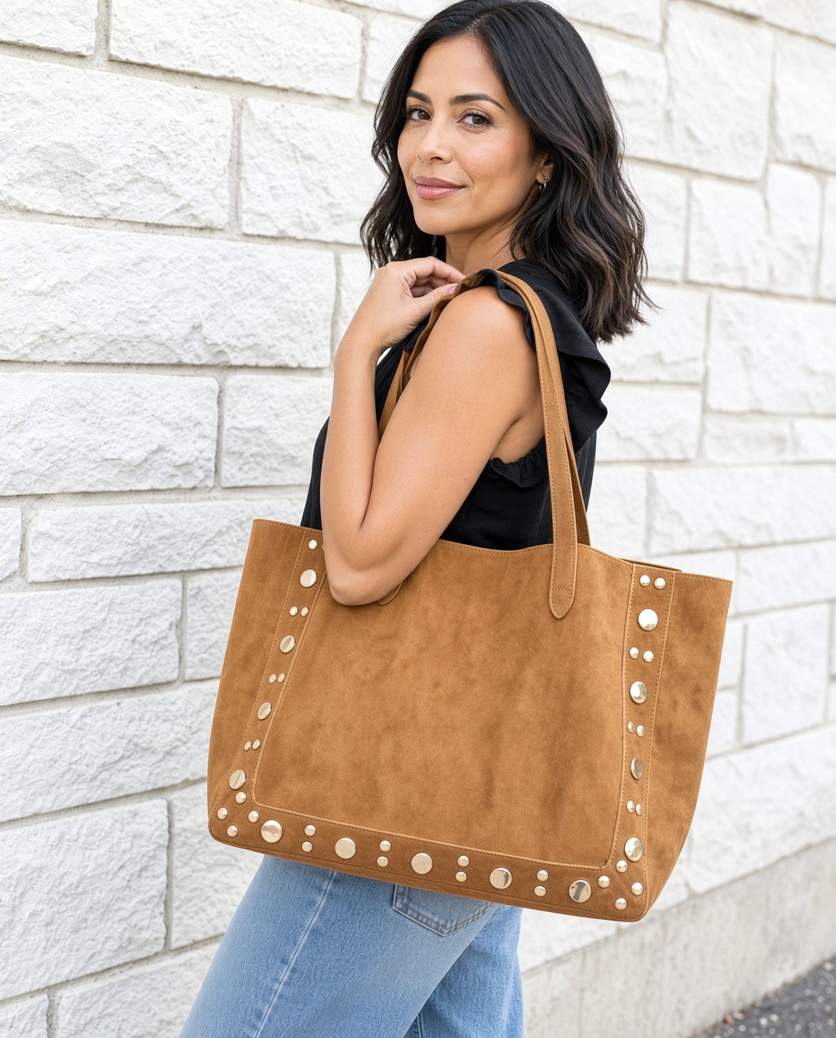 Faux Suede Studded Tote tan