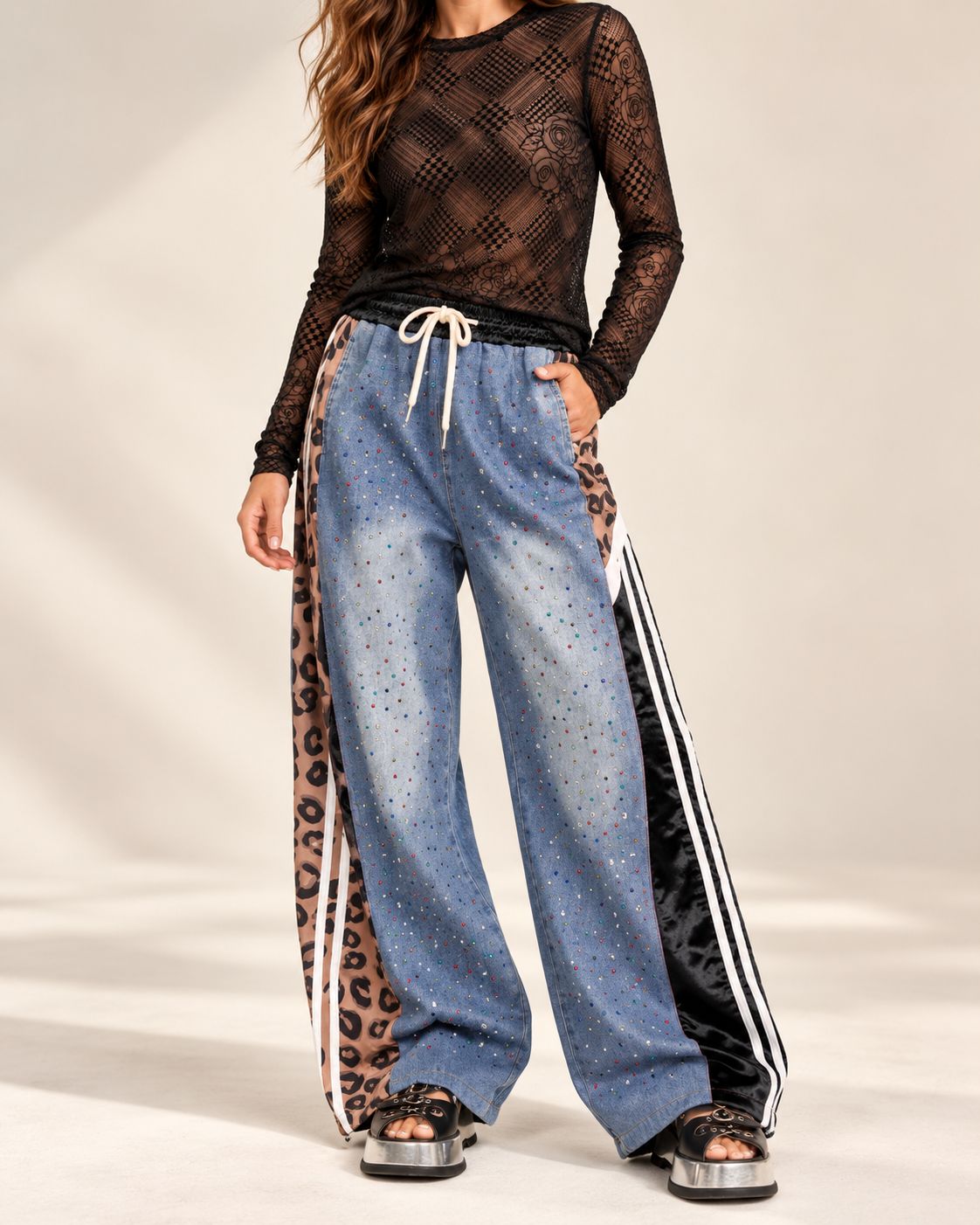 Rhinestone Denim Side-Stripe Track Pants