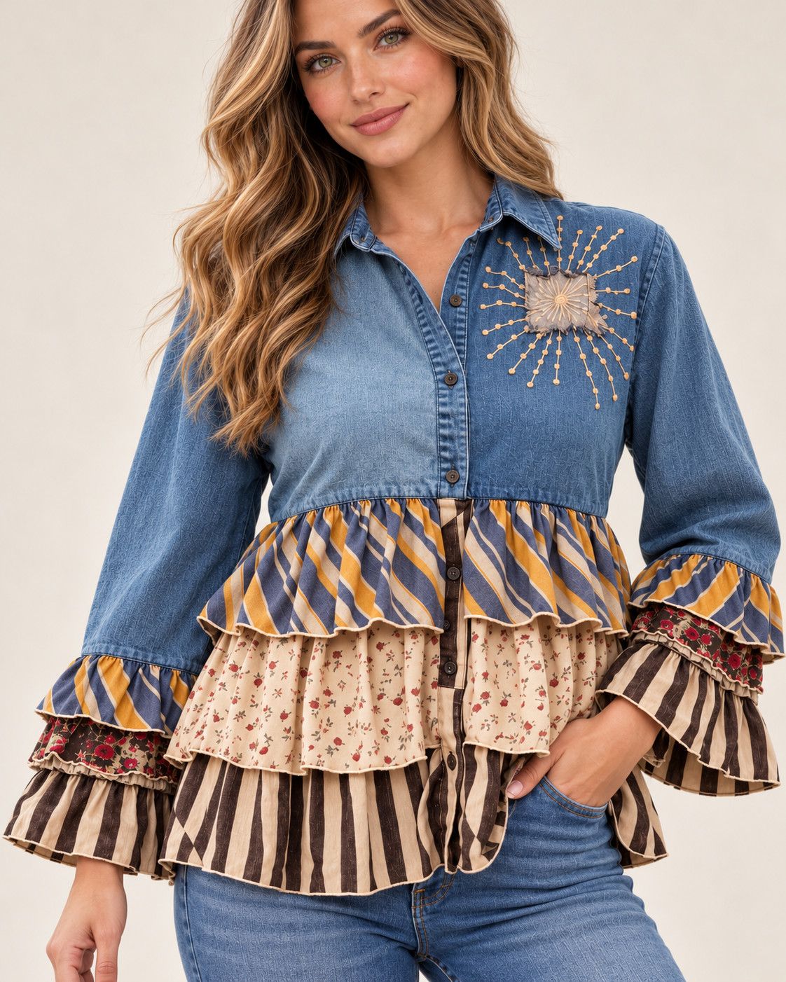 Vintage Boho Denim Yoke Patchwork Tiered Tunic Top