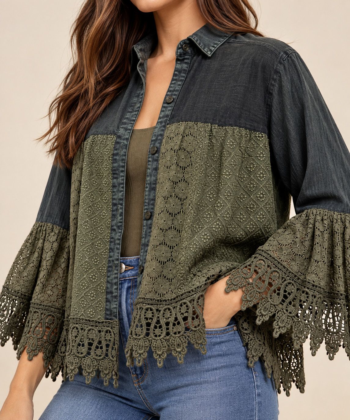 Crochet Lace Bell Sleeve Western Jacket