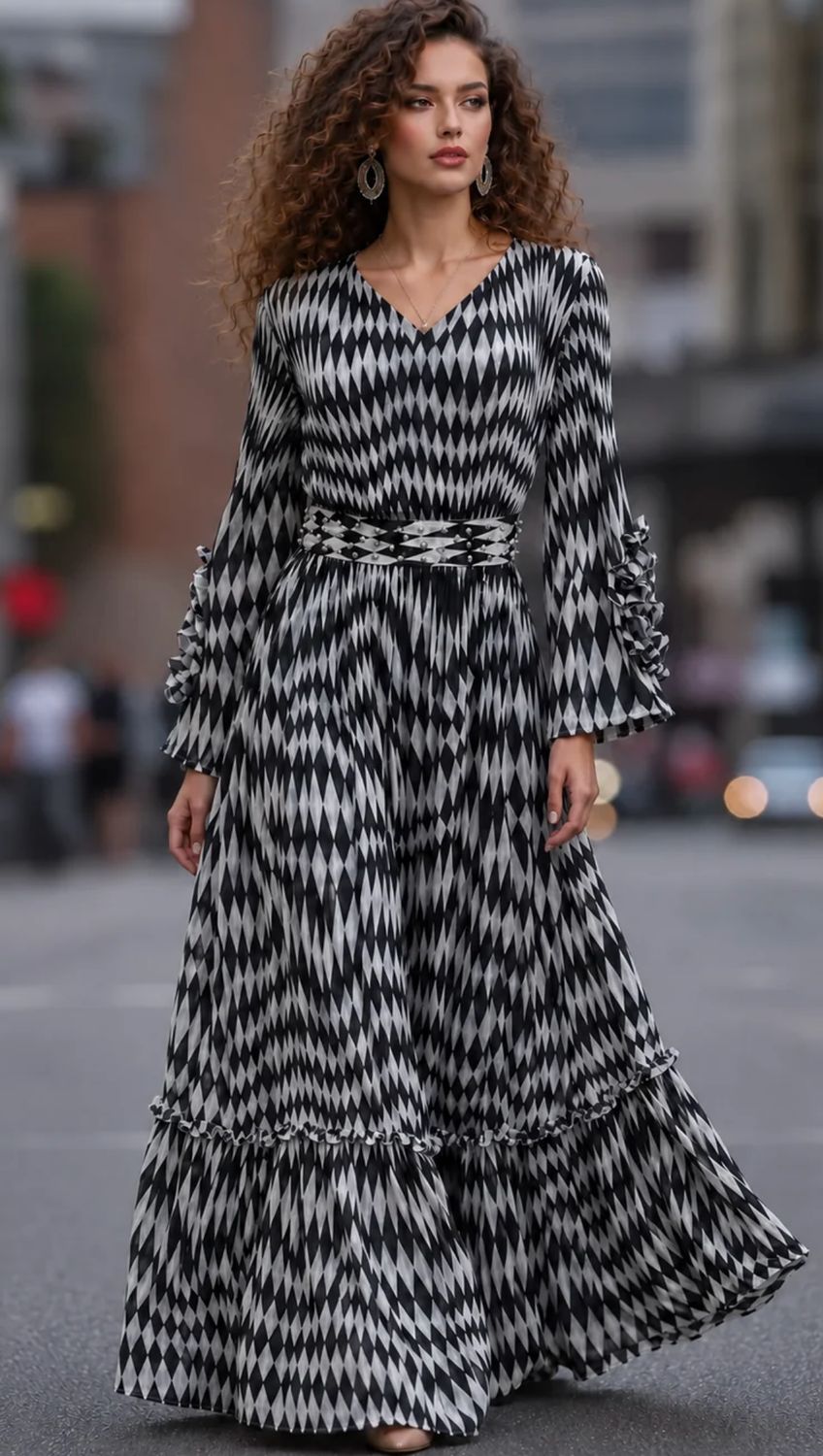 CHECKERED FARESLEEVE MAXI DRESS
