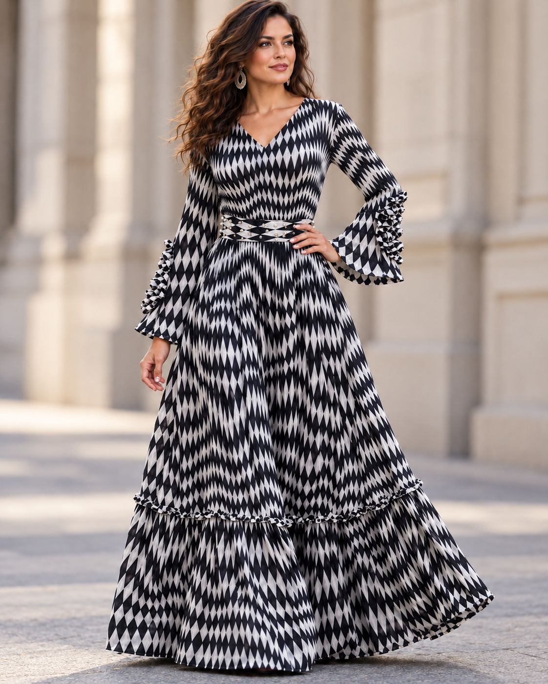 CHECKERED FARESLEEVE MAXI DRESS
