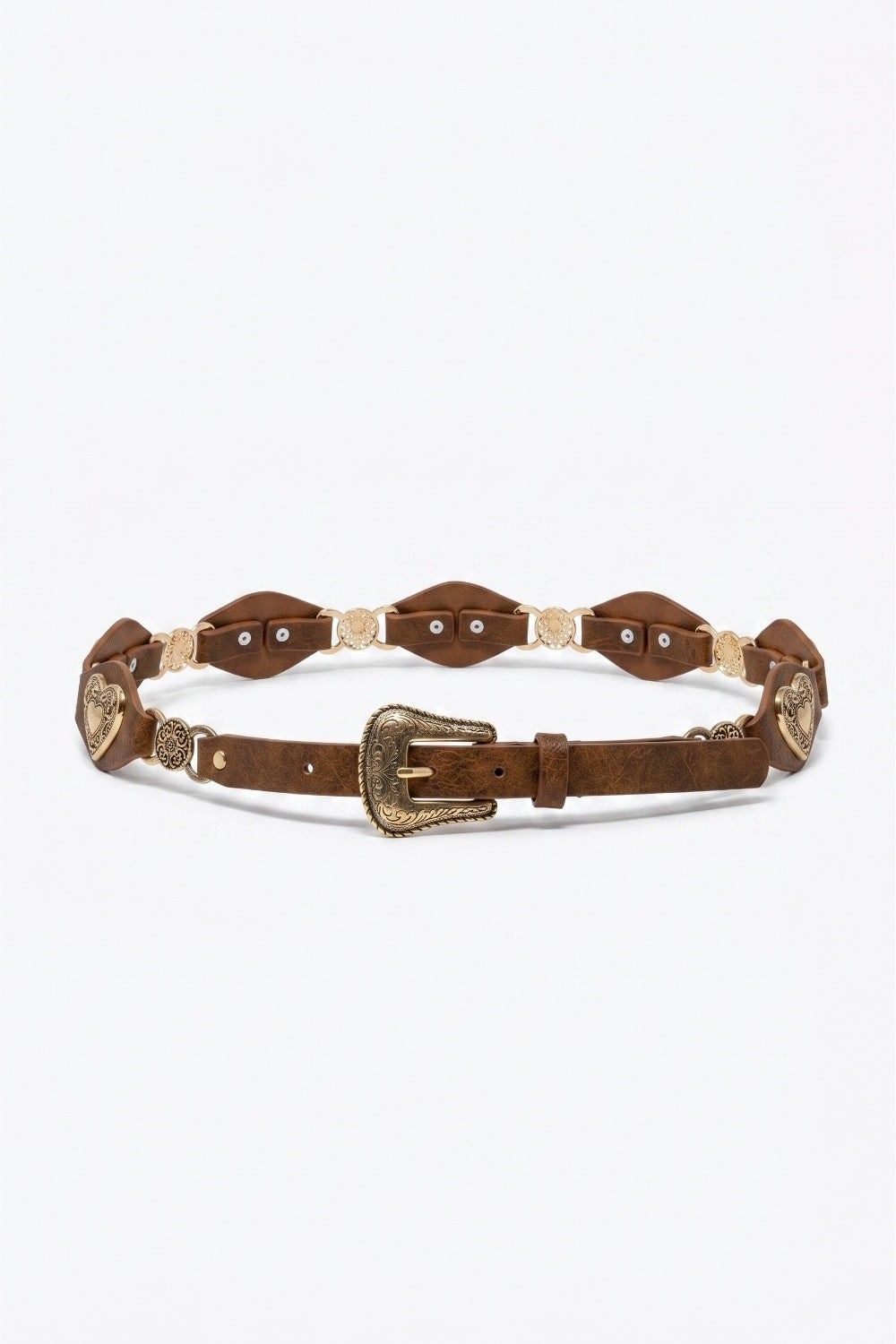 Brown Faux Leather Gold Heart Buckle Western Detail Belt