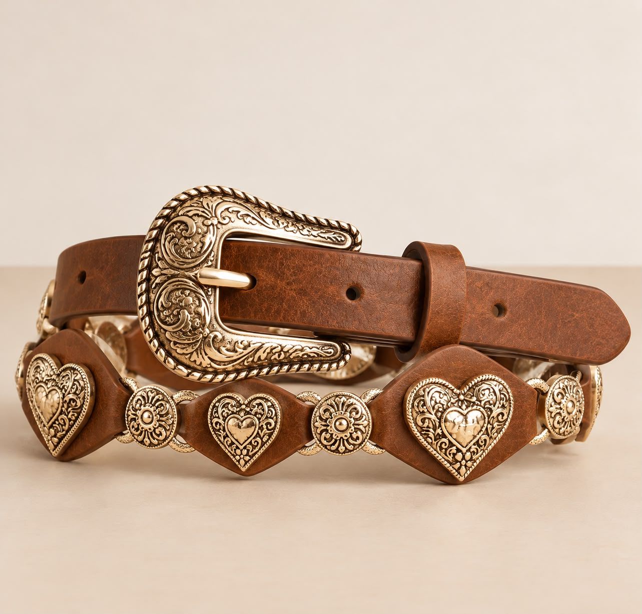 Brown Faux Leather Gold Heart Buckle Western Detail Belt