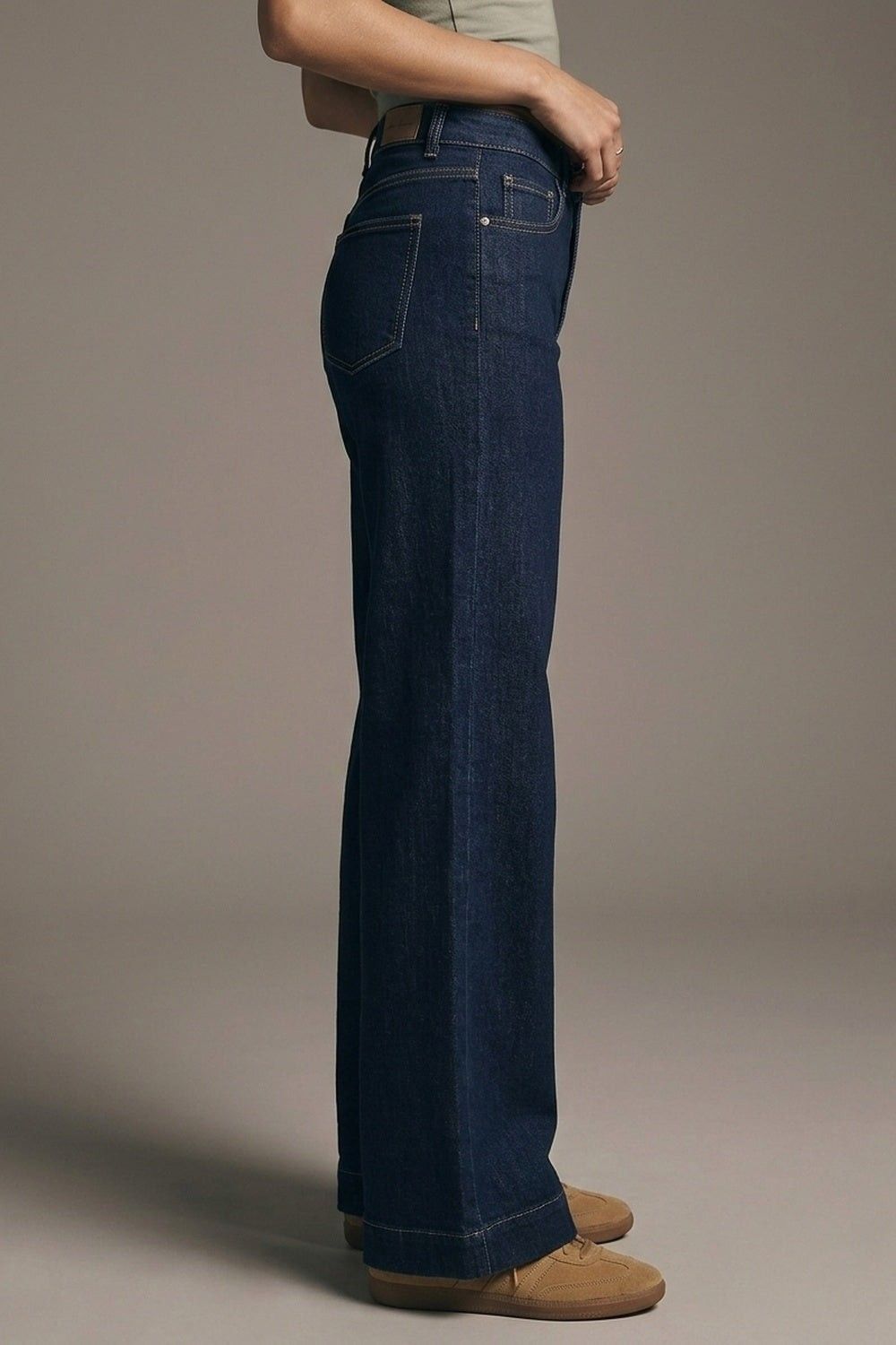 Dark Denim High-waisted Wide-leg Jeans With Contrast Stitchi