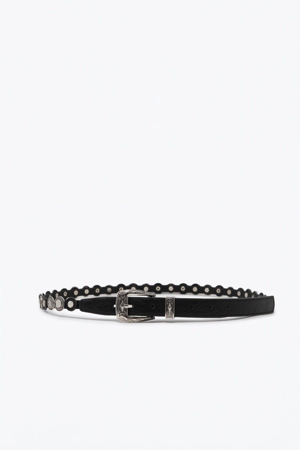Black Faux Leather Eyelet Studded Slim Western Buckle Belt