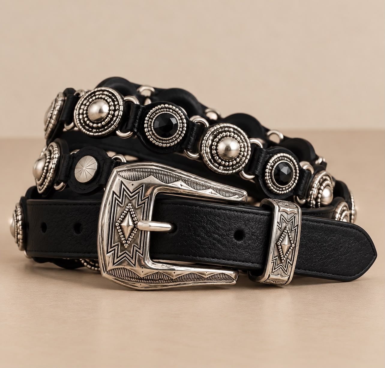 Black Faux Leather Eyelet Studded Slim Western Buckle Belt