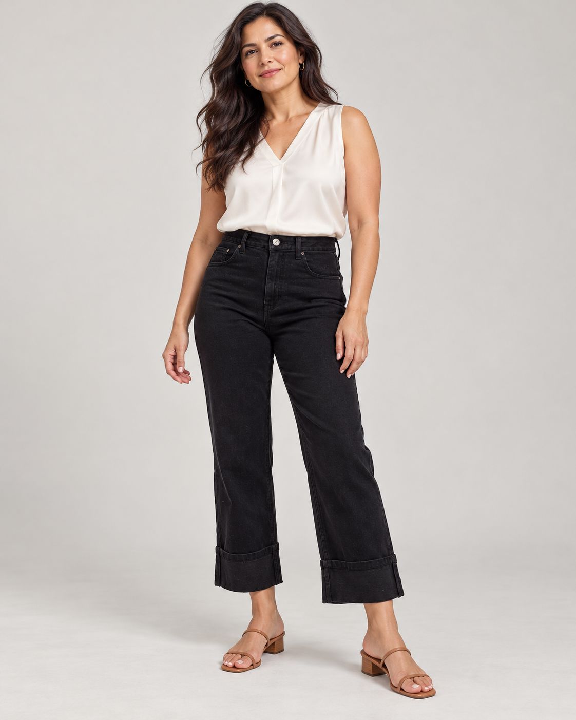 Straight Leg Jeans In Black With Folded Trouser