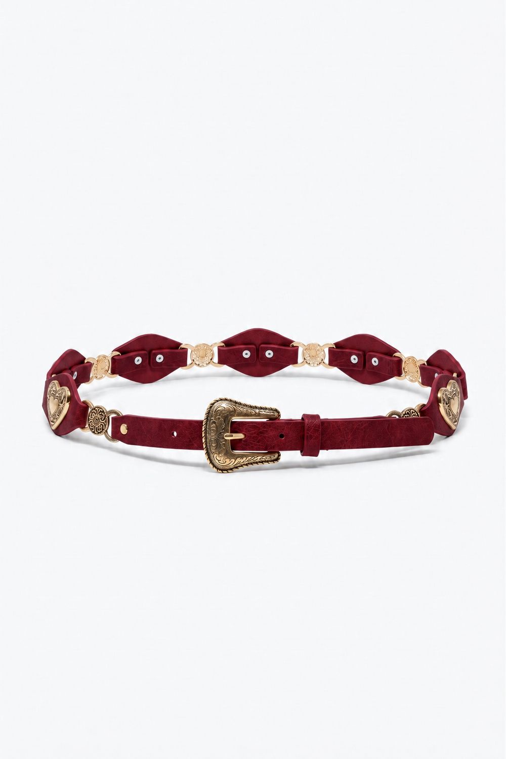Burgundy Faux Leather Gold Heart Buckle Western Detail Belt