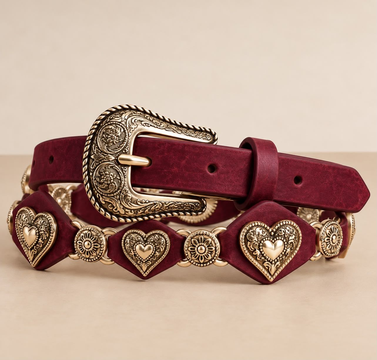 Burgundy Faux Leather Gold Heart Buckle Western Detail Belt