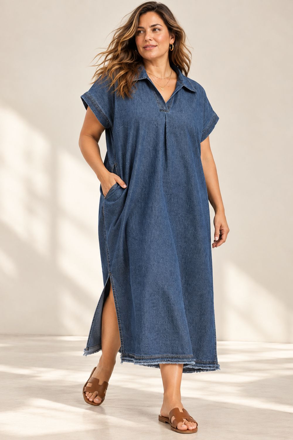 Stone Washed Collared Denim Midi Dress