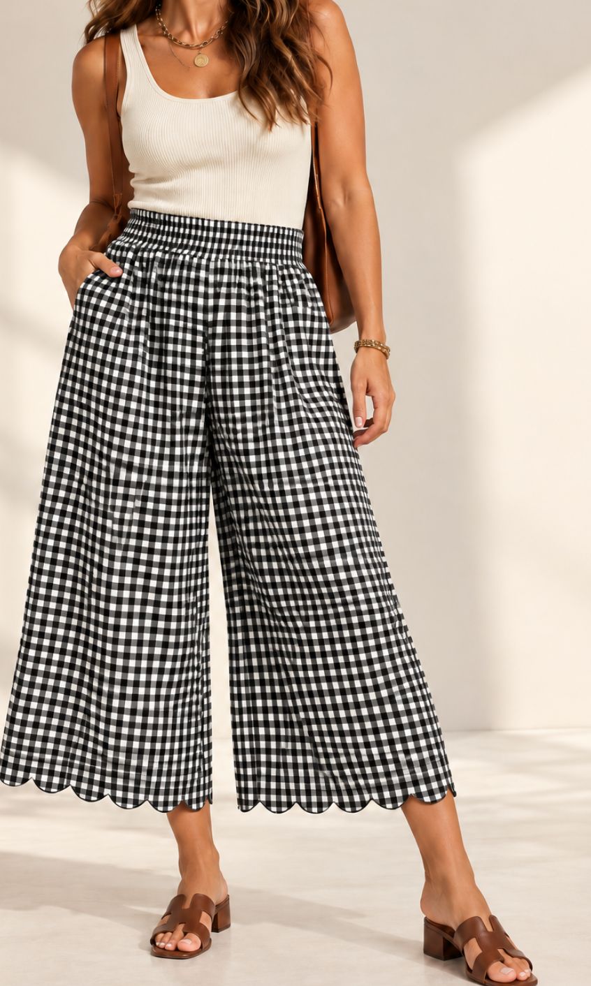 Gingham Wide Leg Crop Pants Black